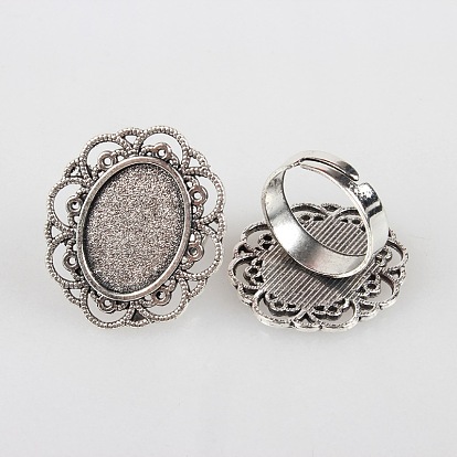 Vintage Adjustable Iron Flower Finger Ring Components Alloy Cabochon Bezel Settings, Cadmium Free & Lead Free, Oval Tray: 13x18mm, 17mm