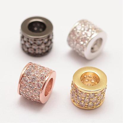 Brass Micro Pave Grade AAA Cubic Zirconia European Beads, Column, Large Hole Beads, Long-Lasting Plated, Cadmium Free & Nickel Free & Lead Free