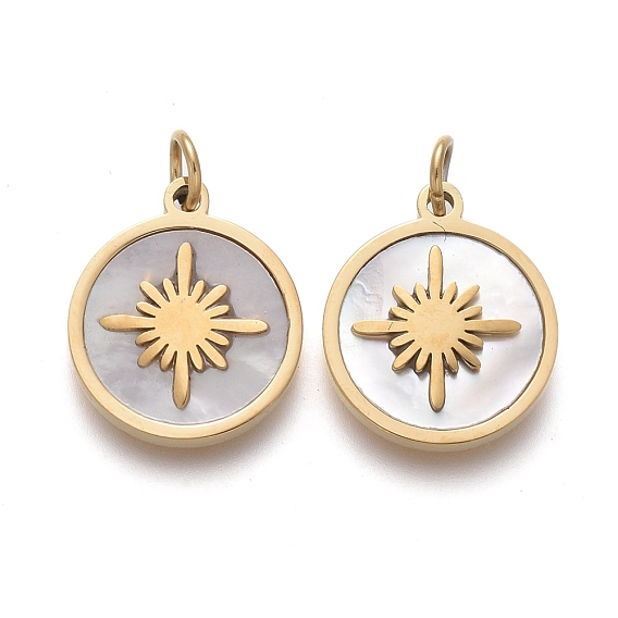 Charmes naturels, avec anneaux et anneaux de sécurité en acier inoxydable plaqué or, plat et circulaire avec étoile