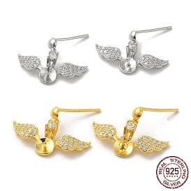 Wings 925 Sterling Silver Micro Pave Cubic Zirconia Dangle Stud Earring Findings, for Half Drilled Beads, with S925 Stamp