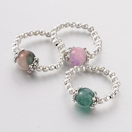 Deux tons anneaux de jade naturel étirement des doigts, avec des chapeaux de perles de style tibétain et des perles de fer plaquées couleur argent, couleur mixte, 19mm