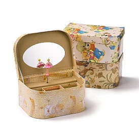 Hand Crank Musical Jewelry Cardboard Boxes, 2 Layer Storage Boxes with Pink Dancer and Mirror inside, for Girl's Gift, Rectangle with Pattern