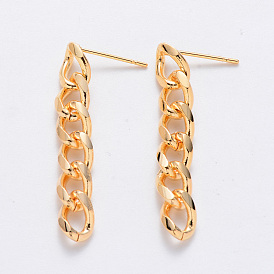 Brass Curb Chains Ear Studs, with Stainless Steel Pins, Nickel Free, Real 18K Gold Plated