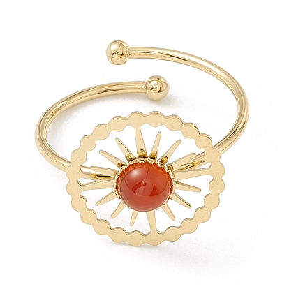 Gemstone Sun Open Cuff Ring, Gold Plated 304 Stainless Steel Wire Wrap Jewelry for Women