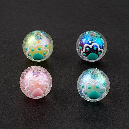 Placage uv perles d'émail acrylique irisé arc-en-ciel, rond avec empreinte de patte de chat