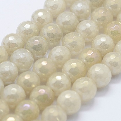 Brins de perles de jade blanc naturel galvanisé, ronde, à facettes (128 facettes)
