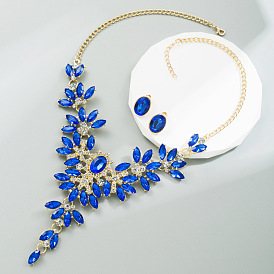 Exquisite Blue Glass Diamond Jewelry Set for Women - Statement Necklace and Earrings Duo with High-End Fashion Sense