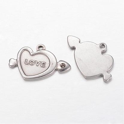 304 Stainless Steel Pendant Rhinestone Settings, Heart with Word Love, For Valentine's Day