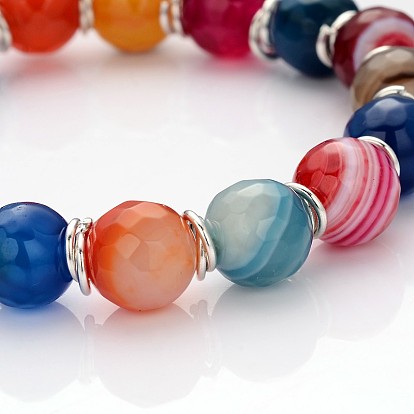 Facettes agate naturelle perles rondes étendent bracelets, avec anneaux de saut en laiton plaqué couleur argent et fil de cristal élastique coréen, 53mm