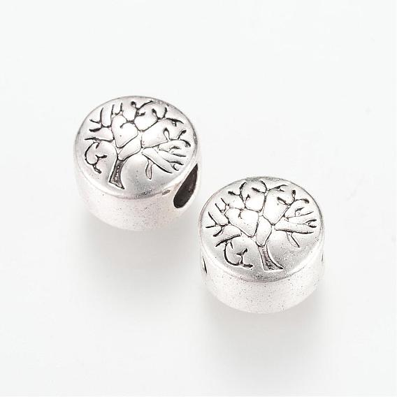 Alloy European Beads, Large Hole Beads, Flat Round with Tree, Cadmium Free & Lead Free