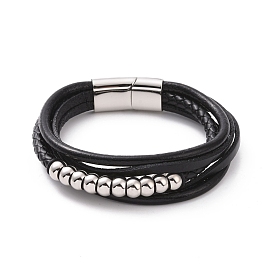 Black Leather Braided Cord Multi-strand Bracelet with 201 Stainless Steel Magnetic Clasps, Round Beaded Punk Wristband for Men Women