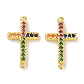 Real 18K Gold Plated Brass Micro Pave Cubic Zirconia Connector Charms, Religion Cross Links