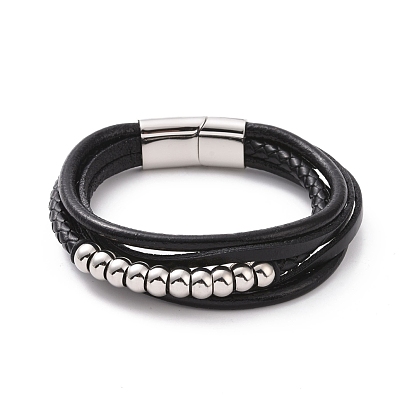 Многожильный браслет из черного кожаного плетеного шнура с 201 магнитными застежками из нержавеющей стали, круглый браслет из бисера в стиле панк для мужчин и женщин