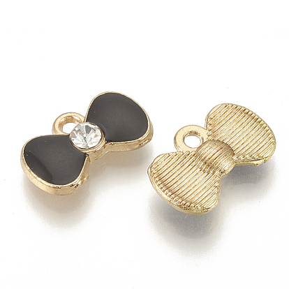Alloy Enamel Charms, Cadmium Free & Lead Free, with Crystal Rhinestone, Bowknot, Light Gold