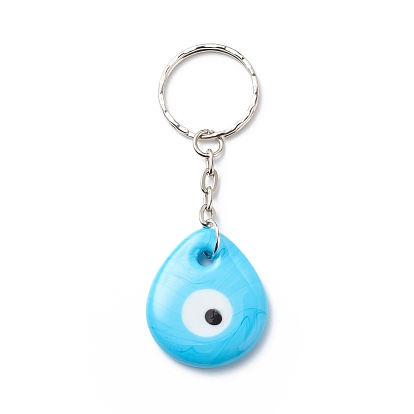 Teardrop Handmade Lampwork Evil Eye Pendants Keychain, with Iron Findings