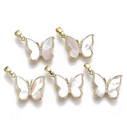 Natural Freshwater Shell Pendants, with Cubic Zirconia and Brass Findings, Nickel Free, Butterfly, Real 18k Gold Plated