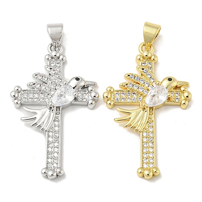 Rack Plating Brass Micro Pave Cubic Zirconia Pendants, Long-Lasting Plated, Lead Free & Cadmium Free, Cross with Bird Charms, Religion