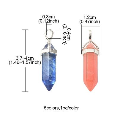 5Pcs 5 Styles Synthetic Mixed Gemstone Pointed Pendants, Faceted Bullet Charms, with Platinum Tone Random Alloy Pendant Hexagon Bead Cap Bails