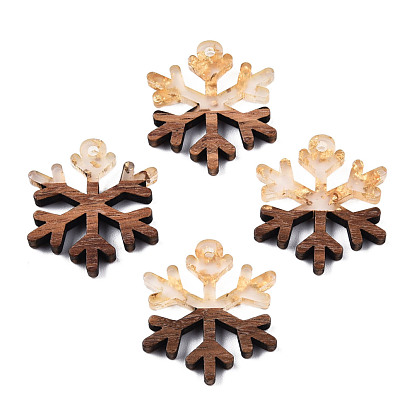 Christmas Theme Transparent Resin & Walnut Wood Pendants, with Gold Foil, Snowflake Charm
