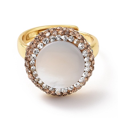Adjustable Shell Pearl Ring with Rhinestone, Golden Brass Wide Ring for Women
