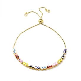 Enamel Evil Eye Beaded Slider Bracelet with Clear Cubic Zirconia Tiny Charms, Golden Brass Jewelry for Women