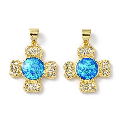 Brass Micro Pave Cubic Zirconia Pendants, with Synthetic Opal, Long-Lasting Plated, Cross