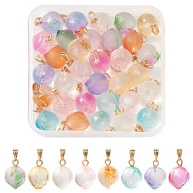 32Pcs 8 Style Transparent Spray Painted Glass Pendants, with Golden Plated Iron Bails and Gold Foil, Frosted, Peach