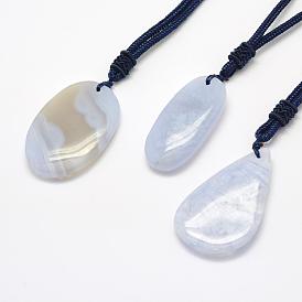 Natural Blue Lace Agate Pendant Necklaces, with Nylon Cord, Nuggets