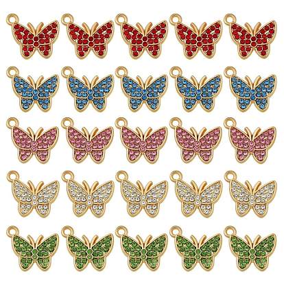 25Pcs Alloy Pendants, with Cubic Zirconia, Golden, Butterfly