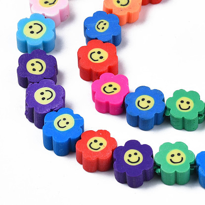 Handmade Polymer Clay Bead Strands, Flower with Smile