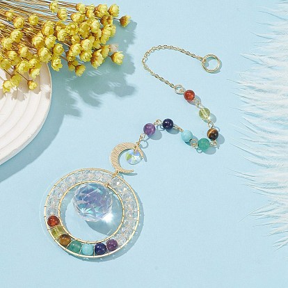 Glass Teardrop Pendant Decorations, lapis lazuli, with Chakra Gemstone Beads and Brass Moon Link, for Home Decoration