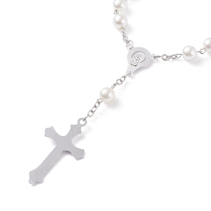 Religious Prayer Imitation Pearl Beaded Rosary Bracelet, Virgin Mary Crucifix Cross Long Charm Bracelet for Easter