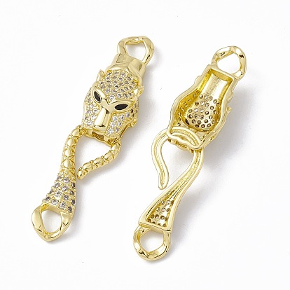 Rack Plating Brass Micro Pave Clear & Black Cubic Zirconia S-Hook Clasps, Long-Lasting Plated, Cadmium Free & Lead Free, Leopard