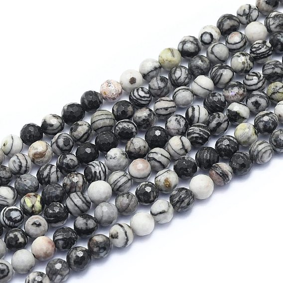 Hilos de piedra natural de seda negra / hilos de perlas de netstone, rondo, facetado (128 facetas)
