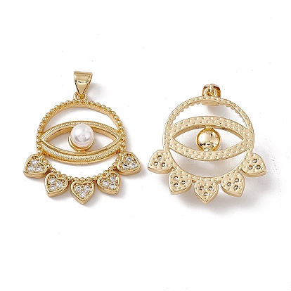 Brass Micro Pave Cubic Zirconia Pendants, with ABS Imitation Pearl, Flat Round with Eye & Heart Charm