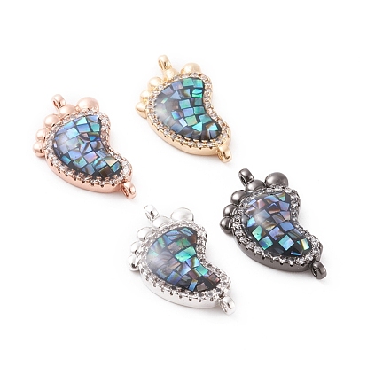 Brass Micro Pave Cubic Zirconia Links Connectors, with Abalone Shell/Paua Shell, Cadmium Free & Nickel Free & Lead Free, Baby Foot Print, Clear
