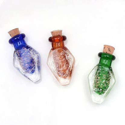 Luminous Handmade Gold Sand Lampwork Pendants, with Wood Stopper, Perfume Bottle, Essential Oil Bottle, 31.5~32x17.5~18x9~9.5mm, Hole: 4.5mm