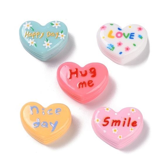Macaron Color Opaque Reisn Cabochons, Heart with Word