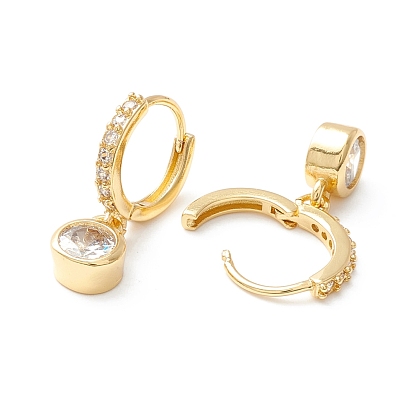 Clear Cubic Zirconia Hinged Hoop Earrings with Flat Round Drop, Brass Jewelry for Women, Cadmium Free & Nickel Free & Lead Free