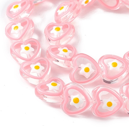 Handmade Lampwork Beads Strands, with Enamel, Heart with Flower Pattern