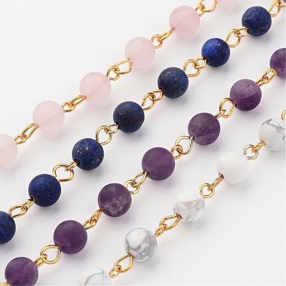 Chaînes de perles de pierres précieuses naturelles faits à la main, non soudée, avec épingle à œil en laiton, or