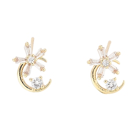 Moon with Flower Brass Micro Pave Cubic Zirconia Stud Earrings, with Glass