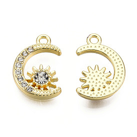Rack Plating Alloy Charms, with Crystal Rhinestone, Cadmium Free & Nickel Free & Lead Free, Moon with Sun