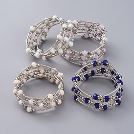 Fashion Glass Beads Wrap Bracelets, 5 Loops, with Brass Tube Beads, Iron Beads, Alloy Bead Caps and Steel Memory Wire