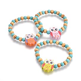 Perles en bois enfants bracelets extensibles, avec turquoise synthétique, chouette