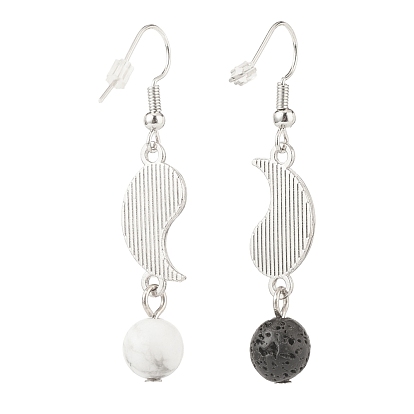 Alloy Enamel Yin Yang Matching Asymmetrical Earrings, Brass Dangle Earrings with Natural Lava Rock & Howlite for Women
