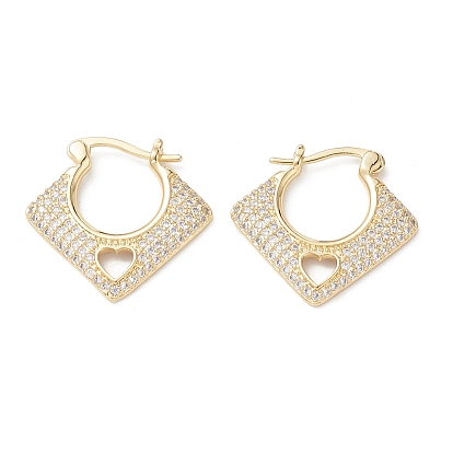 Boucles d'oreilles créoles losange avec cœur en zircone cubique transparente, bijoux en laiton pour femmes