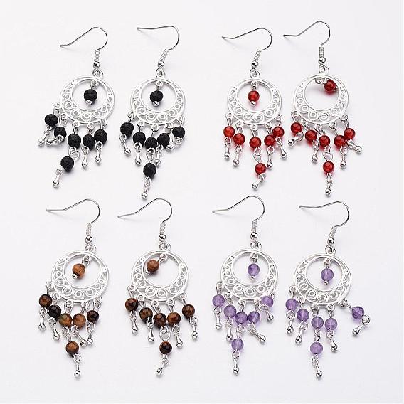 Natural Gemstone Chandelier Earrings, with Alloy Findings and Brass Earring Hooks, Silver Color Plated