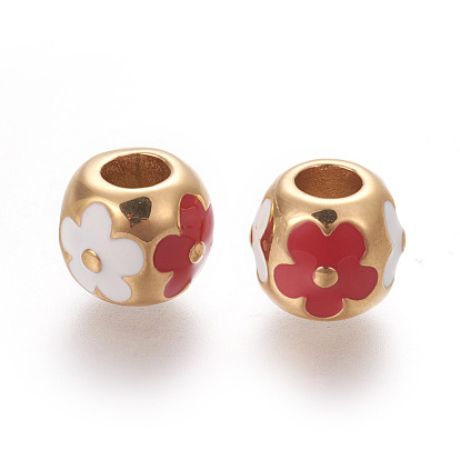304 acier inoxydable perles européennes, placage ionique (ip), avec l'émail, Perles avec un grand trou   , ronde avec des fleurs, or