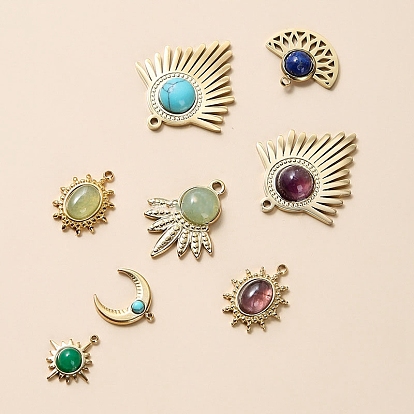 Bohemia Style Gemstone Pendants, Geometric Charms, with Golden Tone Stainless steel Findings, Fan/Sun/Moon/Oval/Teardrop Shape